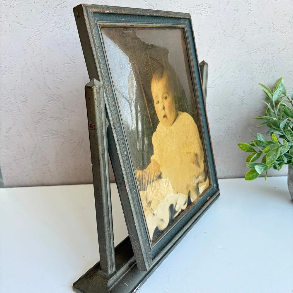 Antique Swivel Tabletop Picture Frame Green Gold Wood Baby Portrait 11 inch